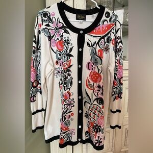 Vintage Bob Mackie wearable art cream cardigan 1X summer harvest floral fruit